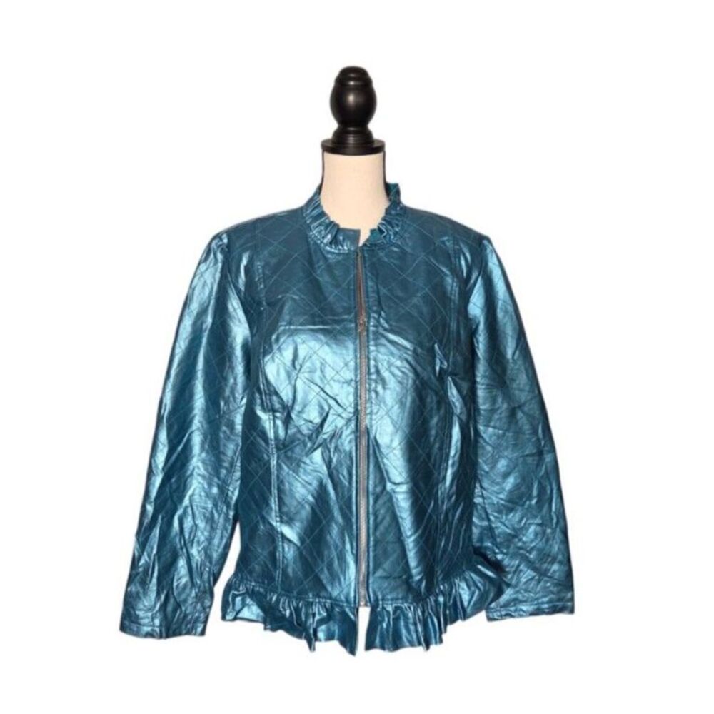 Metrostyle Leather Jacket Metallic Blue Quilted Ruffle 18W Plus Size GUC